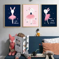 nordic pretty pink bunny ballerina skirt dancing girls canvas painting prints poster children wall art picture kids room decor