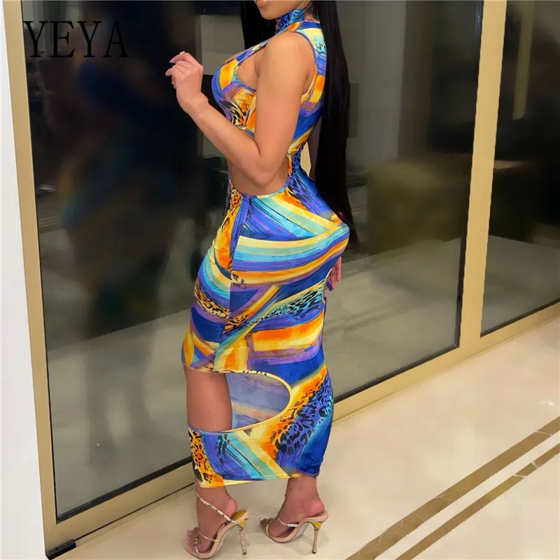 

YEYA Hollow Out Long Dress Package Hip Skinny Colorful Print Sleeveless Turtleneck Off Shoulder Nightclub Streetwear Bodycon