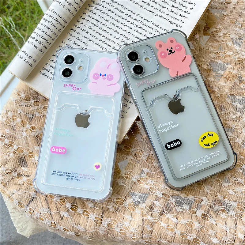 

Card Holder Case for iPhone 13 Pro Max 11 12 Pro Clear Transparent Cute Rabbit Bear Wallet Slot Airbag Cover for 7 8 X XR XS SE