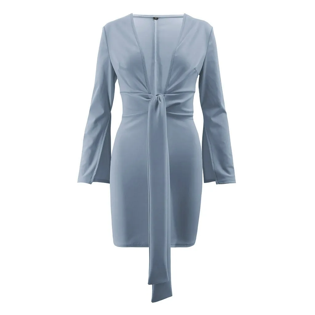 

Summer Bodycon Dress Women Solid Sexy Deep V-Neck Long Sleeve Mini Dress Casual Women Bandage Party Dresses Vestidos Robe Femme