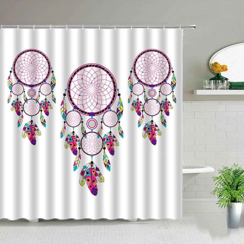 

Colorful Feather Shower Curtain Set Bohemia Waterproof Bathroom Curtains Printed Creative Colored Bathtub Decor Polyester Fabric