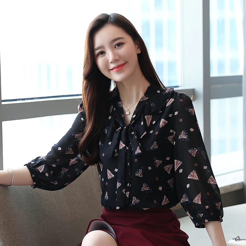 Chiffon Blouse Floral Women Lace Shirt 2020 Spring New Casual Bow Tie Womens Tops And Blouses Korean Style | Женская одежда