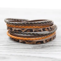 strathspey vintage leopard bracelet for women brown multilayer braided leather bracelets magnetic bangle 2019 fashion jewelry