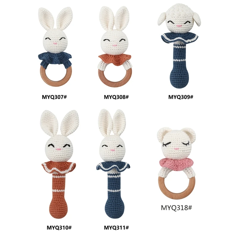 

DIY Crochet Rabbit Animal Rattle Baby Wooden Teether Ring Infant Teething Nursing Soother Bunny Rattle Educational Toy