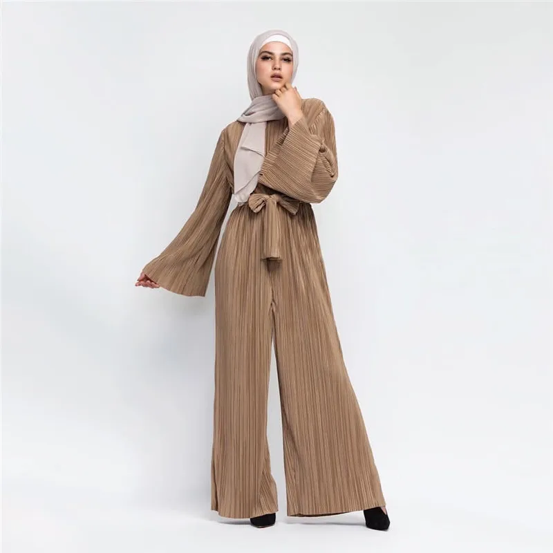 

WEPBEL Full Length Muslim Flared Sleeve Women Jumpsuit Solid Color Jumpsuits Trousers Wide Leg Pants Female