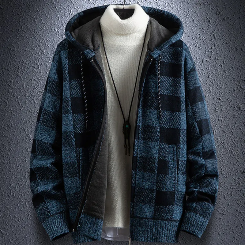

Autumn Winter Men Plaid Casual Hooded Cardigan Cashmere Thickening Warm Sweater Male Zipper Add Wool Knit Jacket Coat