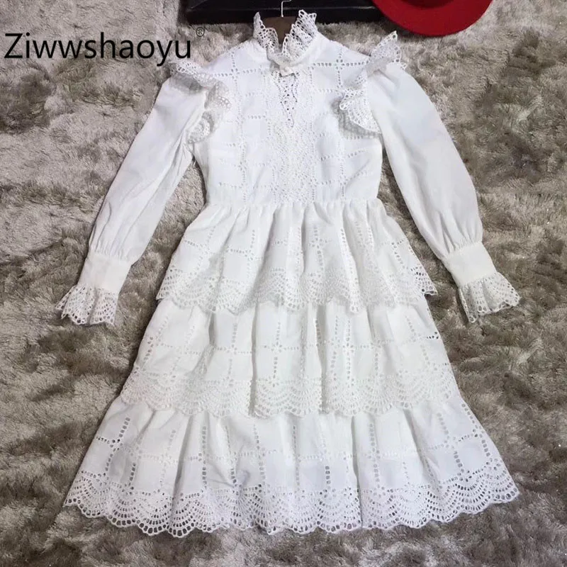Ziwwshaoyu/высококачественное осенне-зимнее Открытое платье с вышивкой Женские рукава-фонарики с оборками повседневные платья для вечеринок