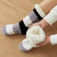 thick warm sleep socks women girls print stripe casual non slip thicken slippers winter mid tube cute plus fleece socks