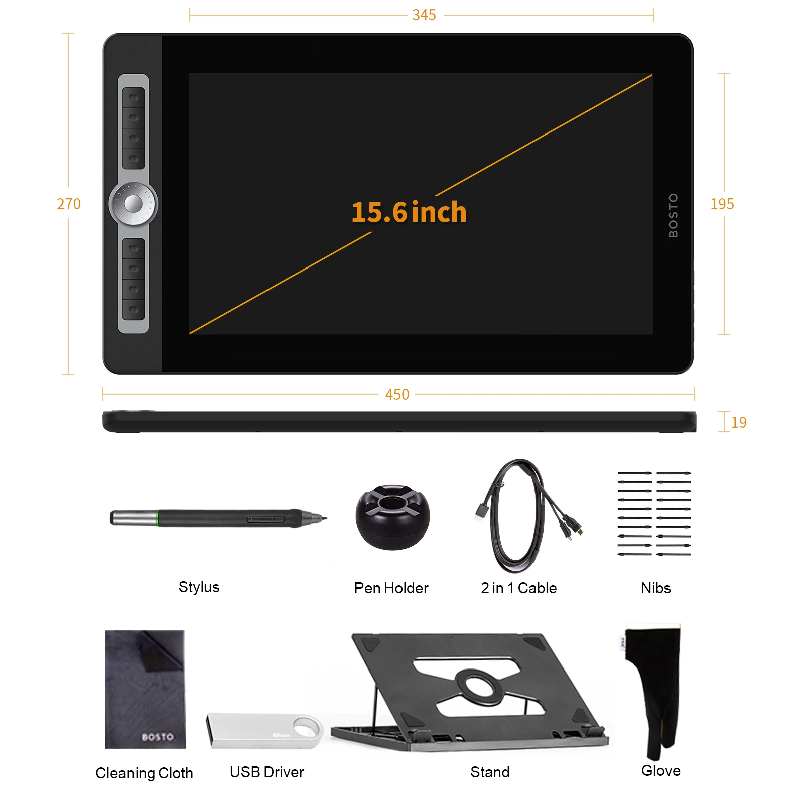 

BOSTO 15.6'' BT-16HD PRO Graphic Drawing Digital Tablet Pen Display Monitor with 8 Keys Wheel Battery-free Stylus Touch Screen
