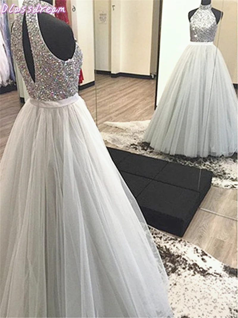 

Silver Tulle Prom Dress Halter Sequins Top Keyhole Back Sleeveless Luxury Princess Graduation Evening Dress فساتين السهرة вечерн