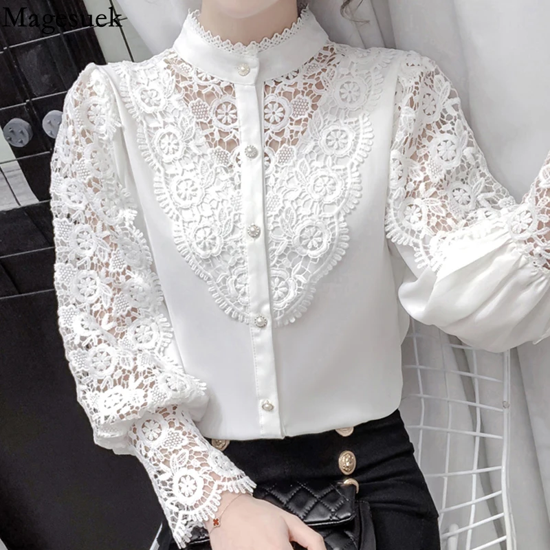 

New Stand-up Collar Crochet Hollow Lace Stitching Bottoming Thin Shirt 2021 Korean Style Puff Sleeve Sexy Blouse Women 12731