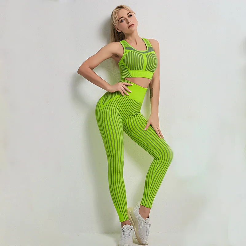

NORMOV Seamless Women Sets Casual Stripe Shockproof Bra High Waist Push Up Leggings Workout 2 Piece of Sets Fitness Sets Female