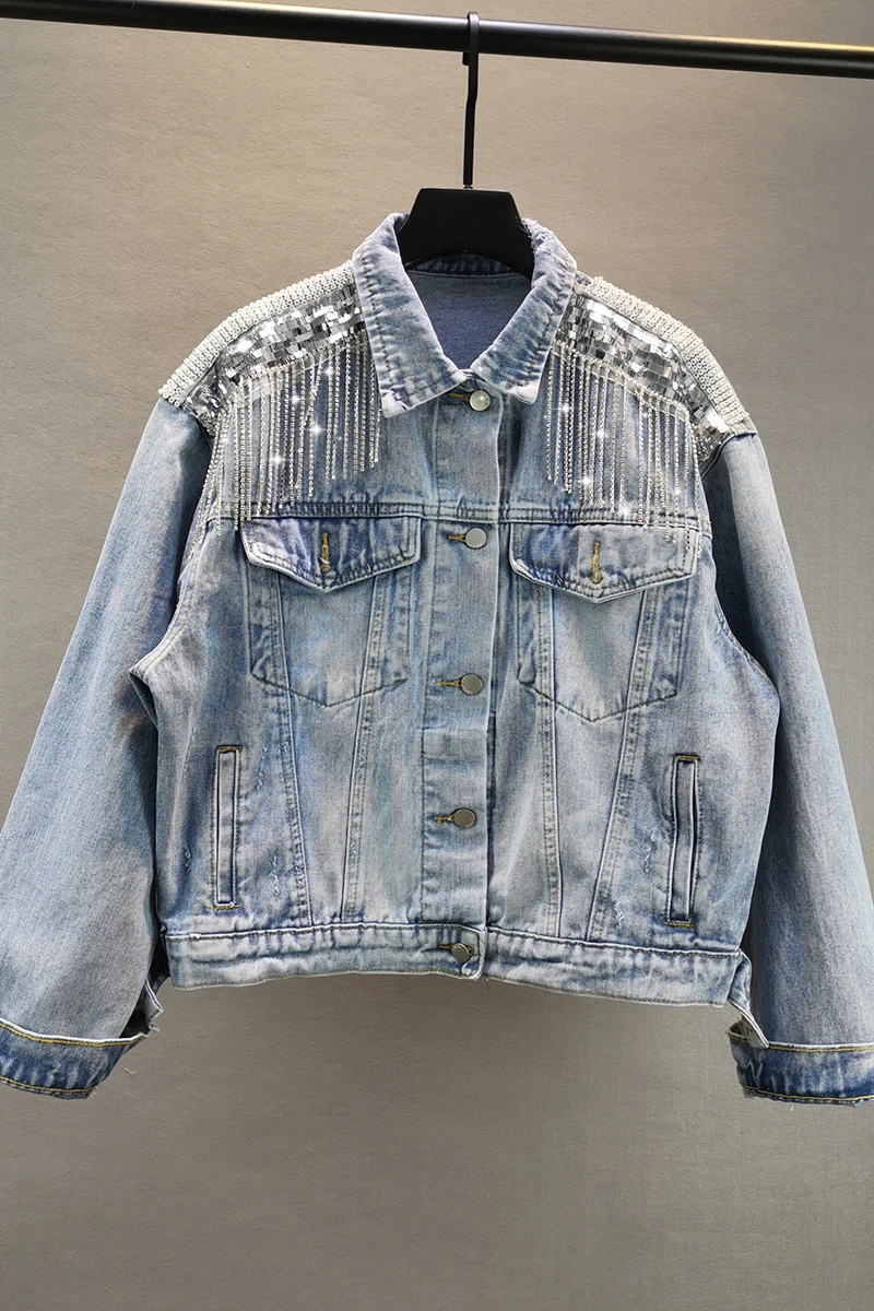 

Denim Jacket for Women 2021 Spring/Autumn New Sequins Rhinestone Tassels Loose Jeans Coat Girls Lady Casual Jean Jackets Outwear