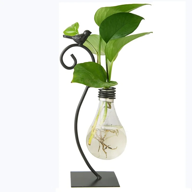 

Small Light Bulb Planter Holder Plant Terrarium Vase with Metal Stand for Hydroponics Plants Minimalist Decorative Home Vases