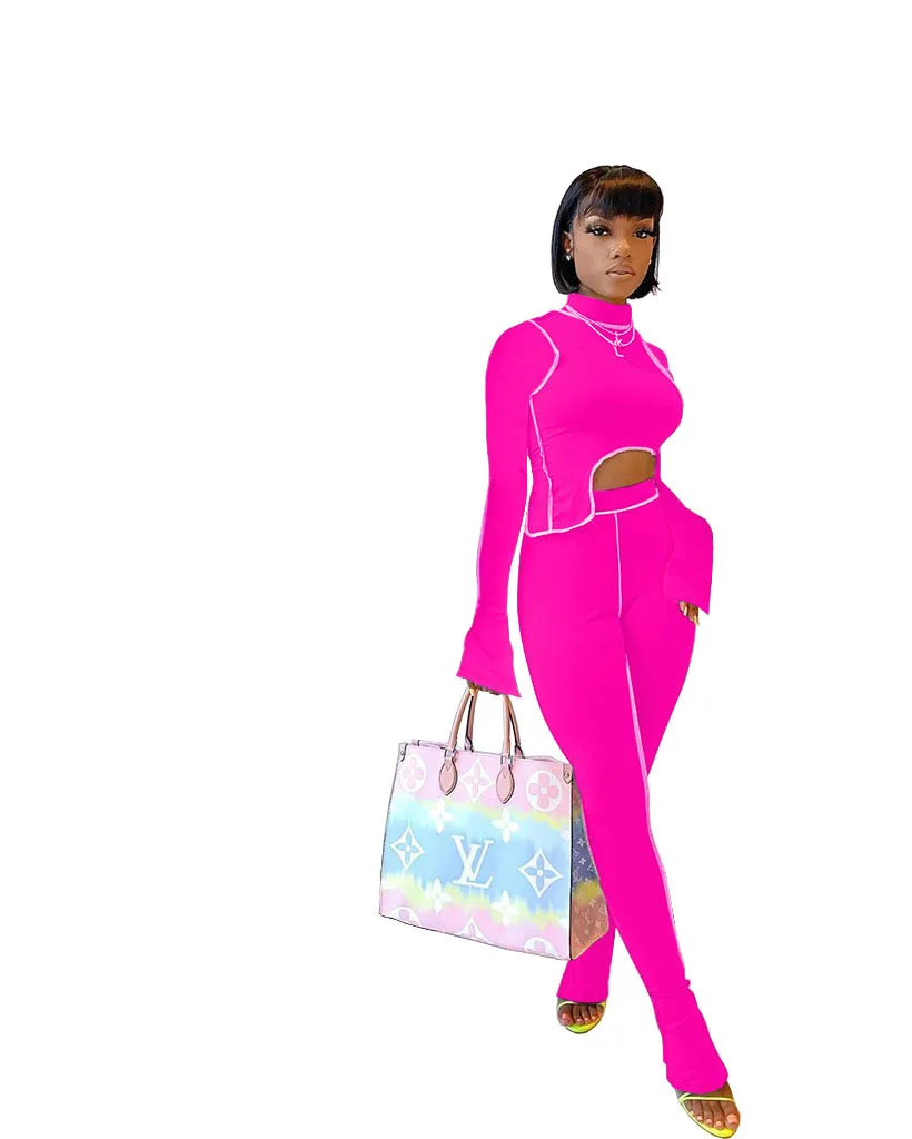 

Zoctuo Solid Patchwork Two Piece Set Long Sleeve Women Set Irregular Tops Stacked Flare Pants Suit Tracksuit Fitness Outfits