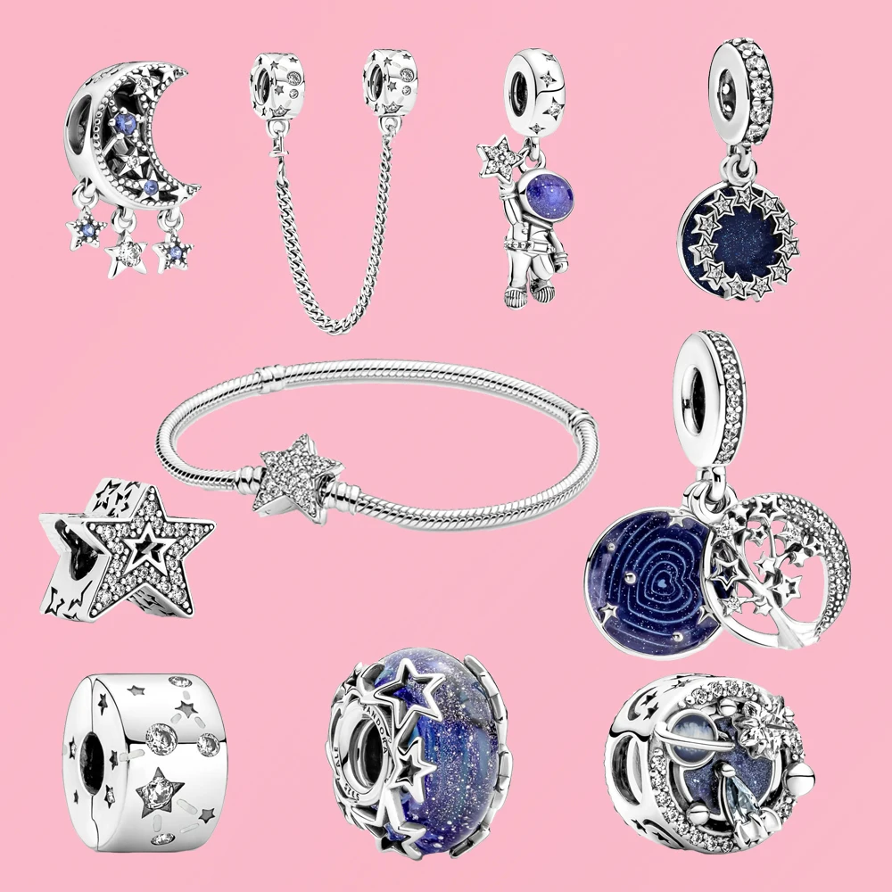 

2021 Winter New S925 Niche 1:1 Similar To Pandora Astronaut Double Hanging Galaxy Moon Pendant Bracelet Ring Earring Series