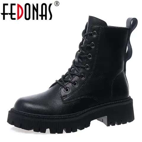 Женские ботинки с молнией сзади FEDONAS, коричневые ботинки из натуральной кожи на массивном каблуке, мотоциклетные ботинки, обувь для вечерин...