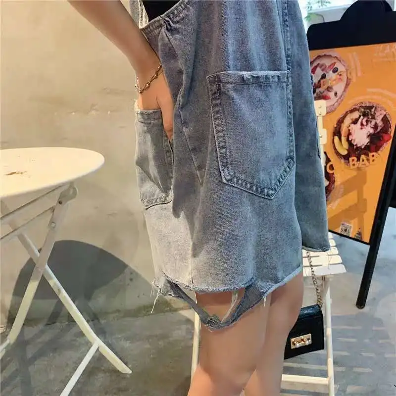 

Women Rompers Oversize XS-XXL Wide-leg Vintage Denim Playsuits Teens Harajuku Frayed Hole Baggy Preppy Sleeveless Suspender Cute