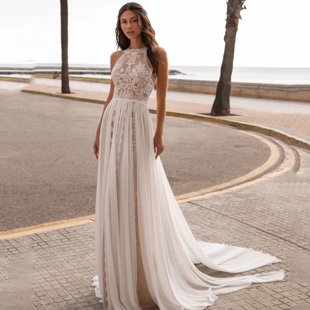 

Charming Sleeveless Wedding Dress A-Line O-Neck Backless Zipper Sweep Train Bridal Gowns 2021 Vestidos De Noivas