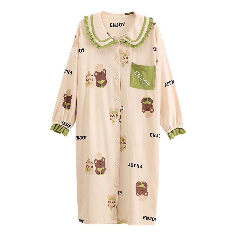 

Women Nightgowns Cotton Soft Turn-down Collar Sleepshirts Female Cute Cartoon Bath Clothes Simple Loose Long Sleeve Night Wear