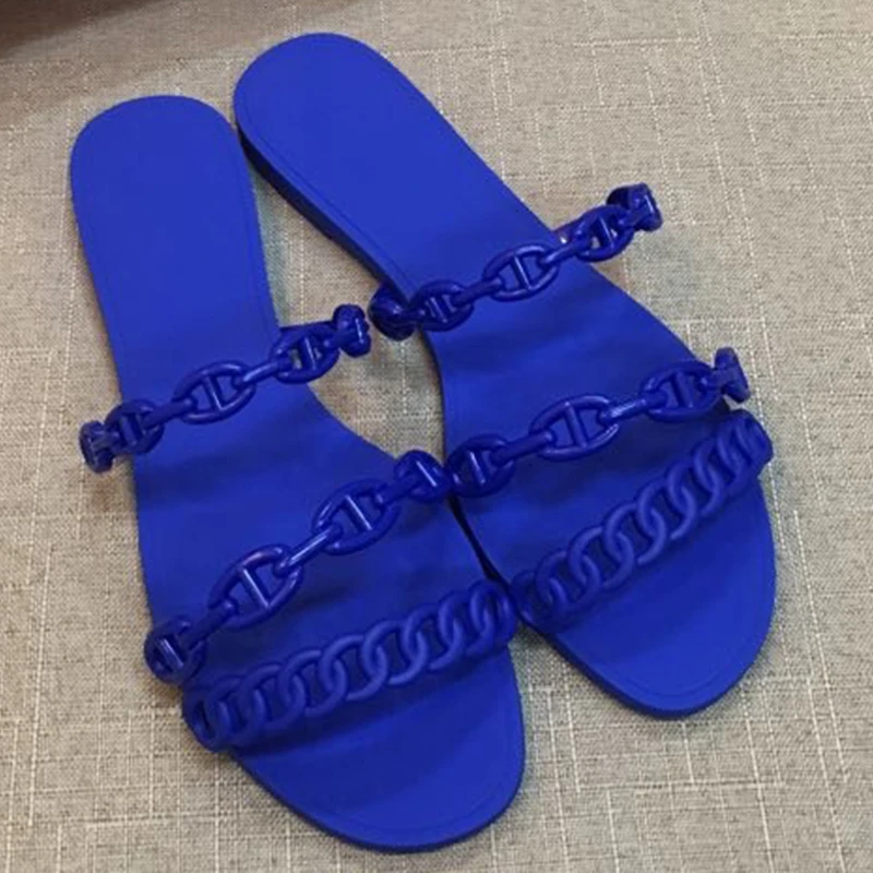 

2020 Outside Slip On Soft PVC Flat Slides Fashion Brand Beach Shoes Casual Summer Slipper European Five Chain Summer Sandals