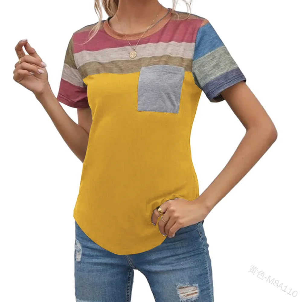 

Mandylandy T-shirt Summer Short Sleeve O-Neck Pocket Stitching Irregular T-shirt Women's Casual Striped Printed Slim T-shirt