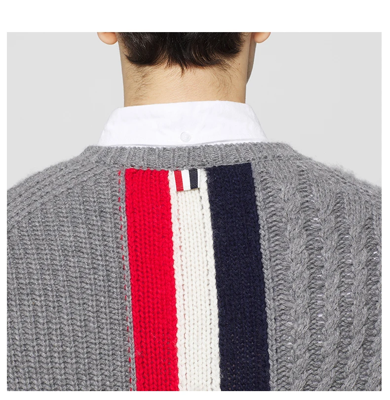

2021 TB THOM Fashion Brand Sweaters Men Slim Fit V-Neck Cardigan Clothing Striped Spliced Wool Cashmere Thick Winter Casual Coat