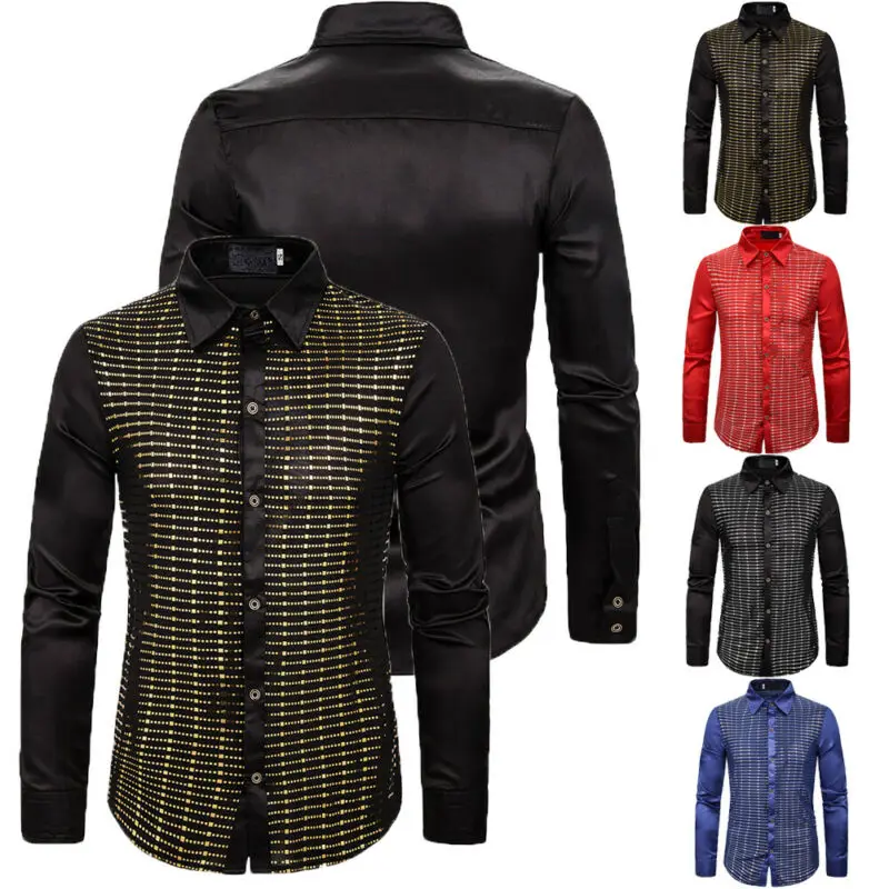 

Men Luxury Long Sleeve Stripe shirt Clubwear Show Host Sequin Lapel Shirts Button Down Vintage Shirt Male performance clothing