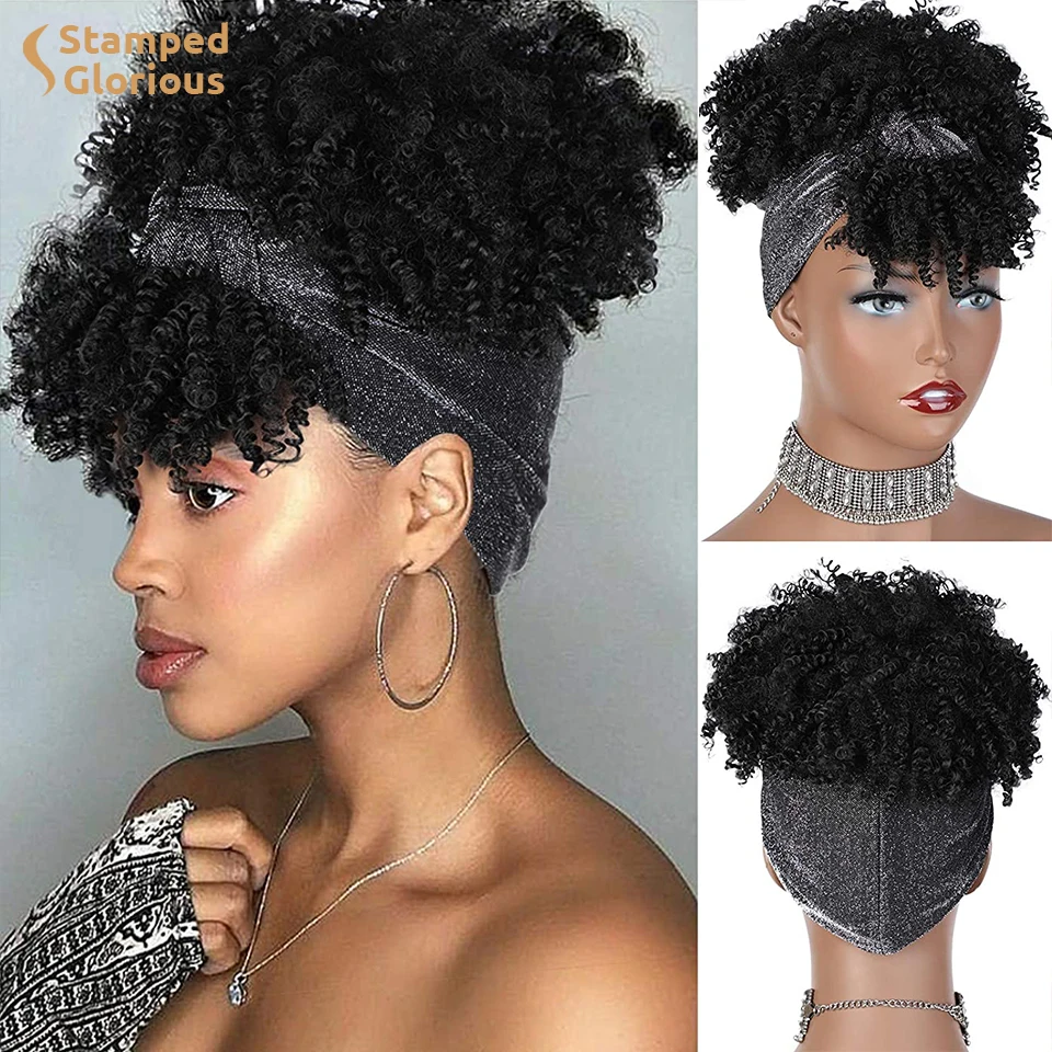 

Stamped Glorious Synthetic Headband Wigs Short Black Kinky Curly Wig with Bangs for Women Silver Turban Head Wrap Wig