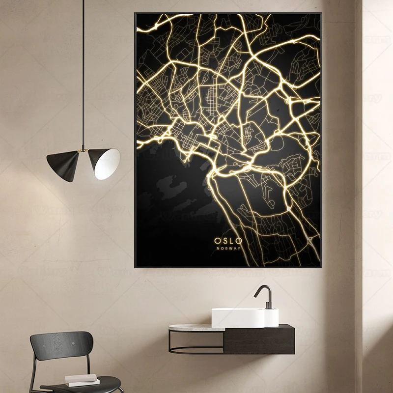 Карта Города мира Норвегия Осло ночной вид дорога свет холст декоративная