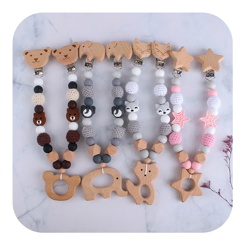 

XCQGH 1Pcs Silicone Baby Teether Wooden Pram Clip Baby Toy Baby Mobile Pram Baby Teething Pacifier Chain Chewable Baby Rattle