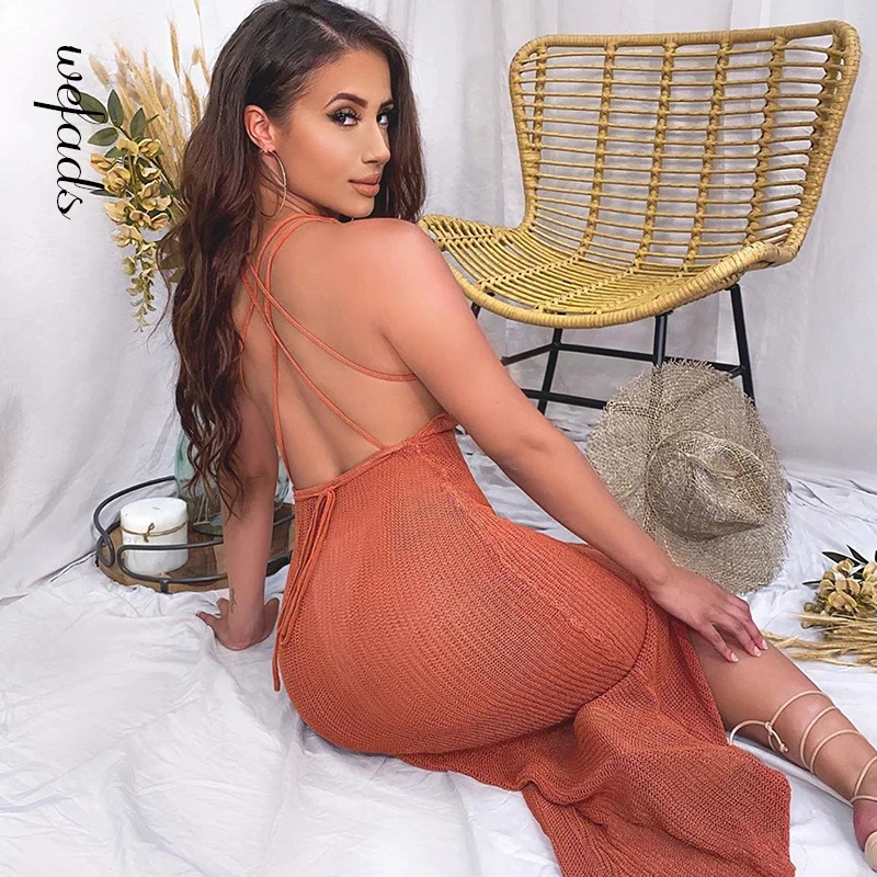 

Wefads New Fashion Dress V-Neck Halter Lace-Up Perspective Crochet Beach Suspender Long Skirt 2021 Summer Casual Style