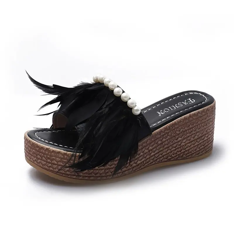 

Womens High Heels Sandal Thick Bottom Shoes Ladies Leisure Summer Wedges Sandals Woman Shoes Women Platform Feather Decoration