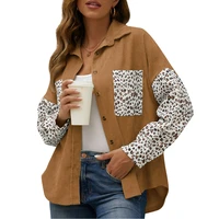 women casual corduroy long sleeve button down shirt retro stand collar simple loose jacket leopard print patchwork pocket