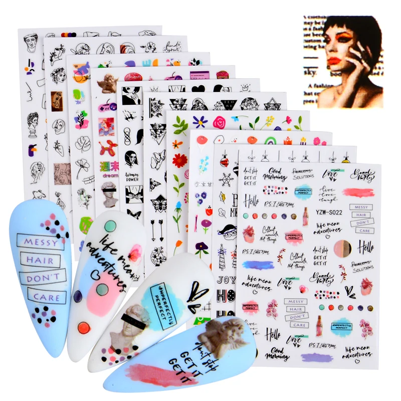 

3D Black Russia Letter Nail Art Stickers Abstract Lady Face Image Animal Panda Leaf Flower Nail Decal Manicure Decorations