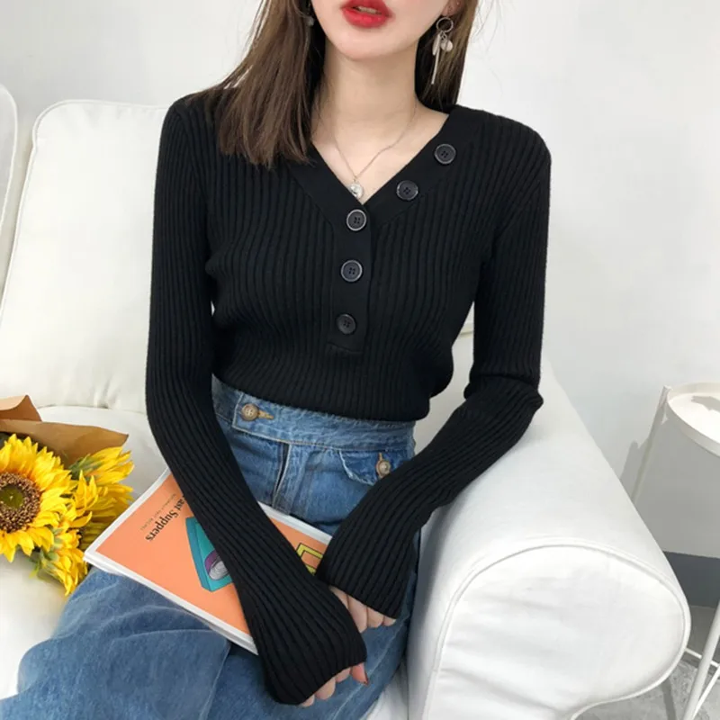 Autumn Knitted Black Sweater Women Casual Pure Bottoming Sweaters Button V-Neck Long Sleeve Pullover | Женская одежда