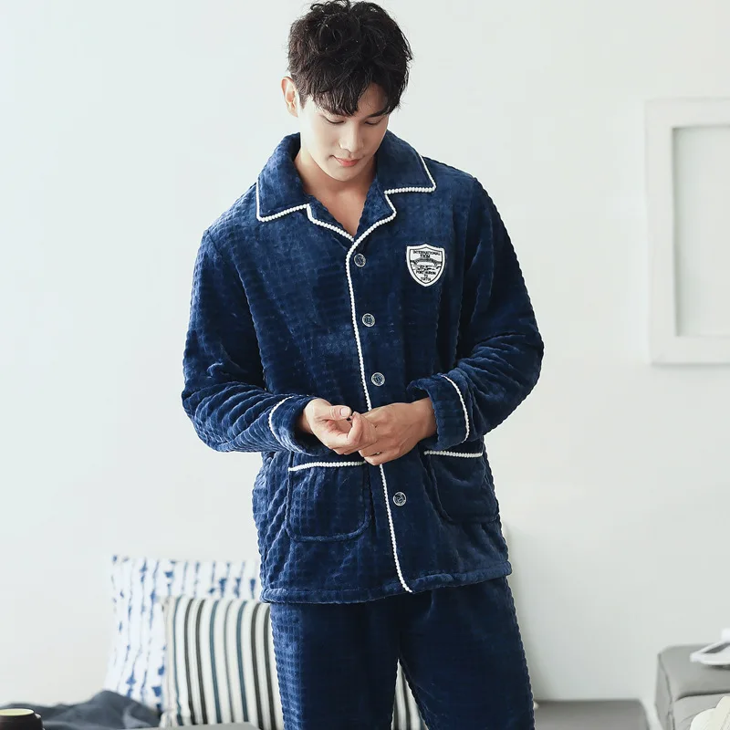 Men's Fall Winter Flannel Cardigan Thickened Warm Coral Velvet Nightwear Large Lapel Home Suit Pajama Lounge Wear Clothing Sets