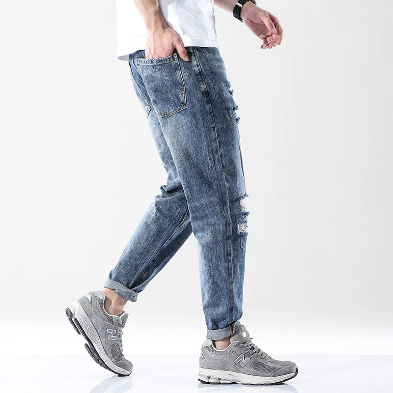 New Men's Ripped Retro Blue Jeans Casual Slim Straight-leg Printed Men's Jeans Plus Size Personalized Beggar Jeans 36 38