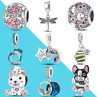 Подвеска-Дельфин в виде стрекозы, бульдога, Бусины Серебряного цвета, подходят для оригинального брендового браслета сделай сам, милый детский медведь, Пчела и мед, подвески-шармы