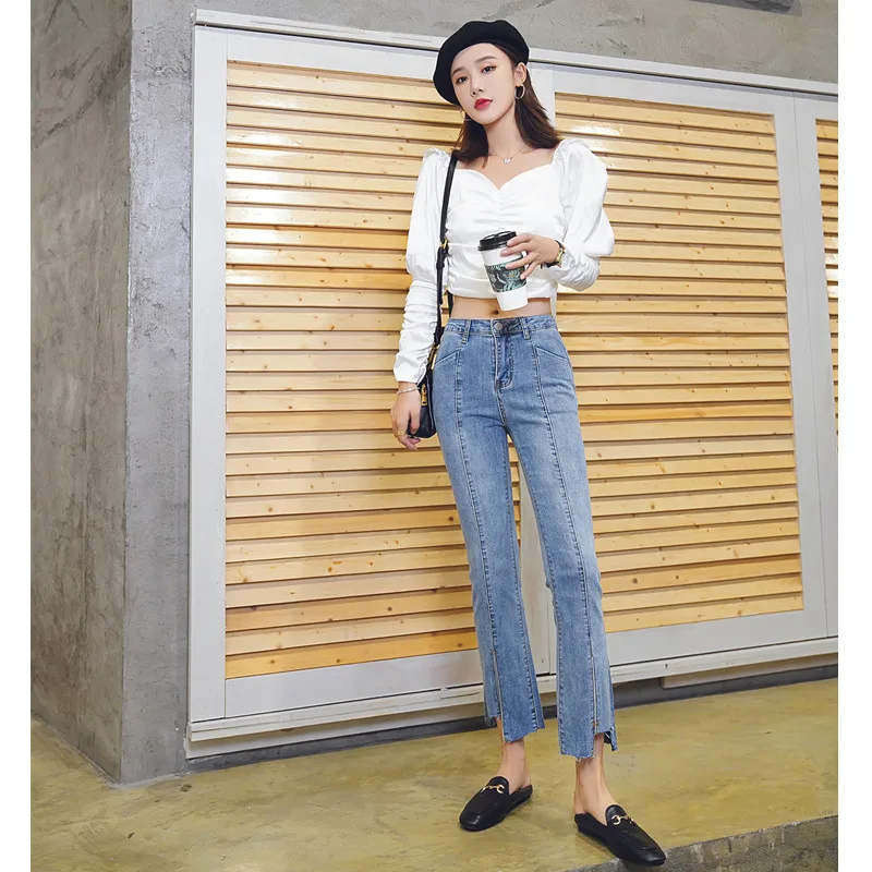 

JUJULAND woman flare pants casual jeans high waist blue skinny jeans 8877