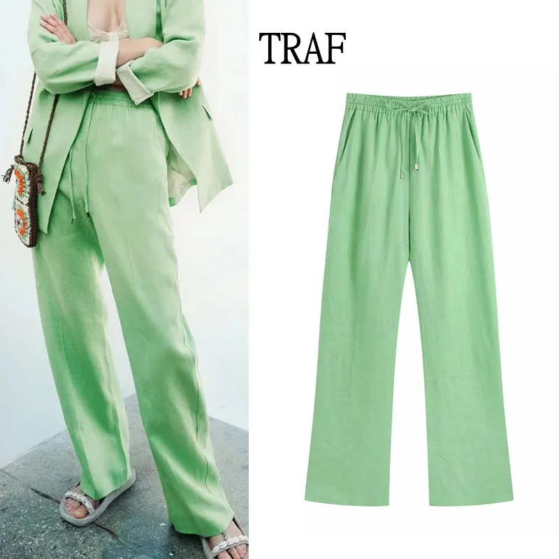 

TRAF 2021 Woman Pants Green Linen Wide Leg Pants Women Clothing Elastic High Waist Suit Trousers Loose Casual Women Pants