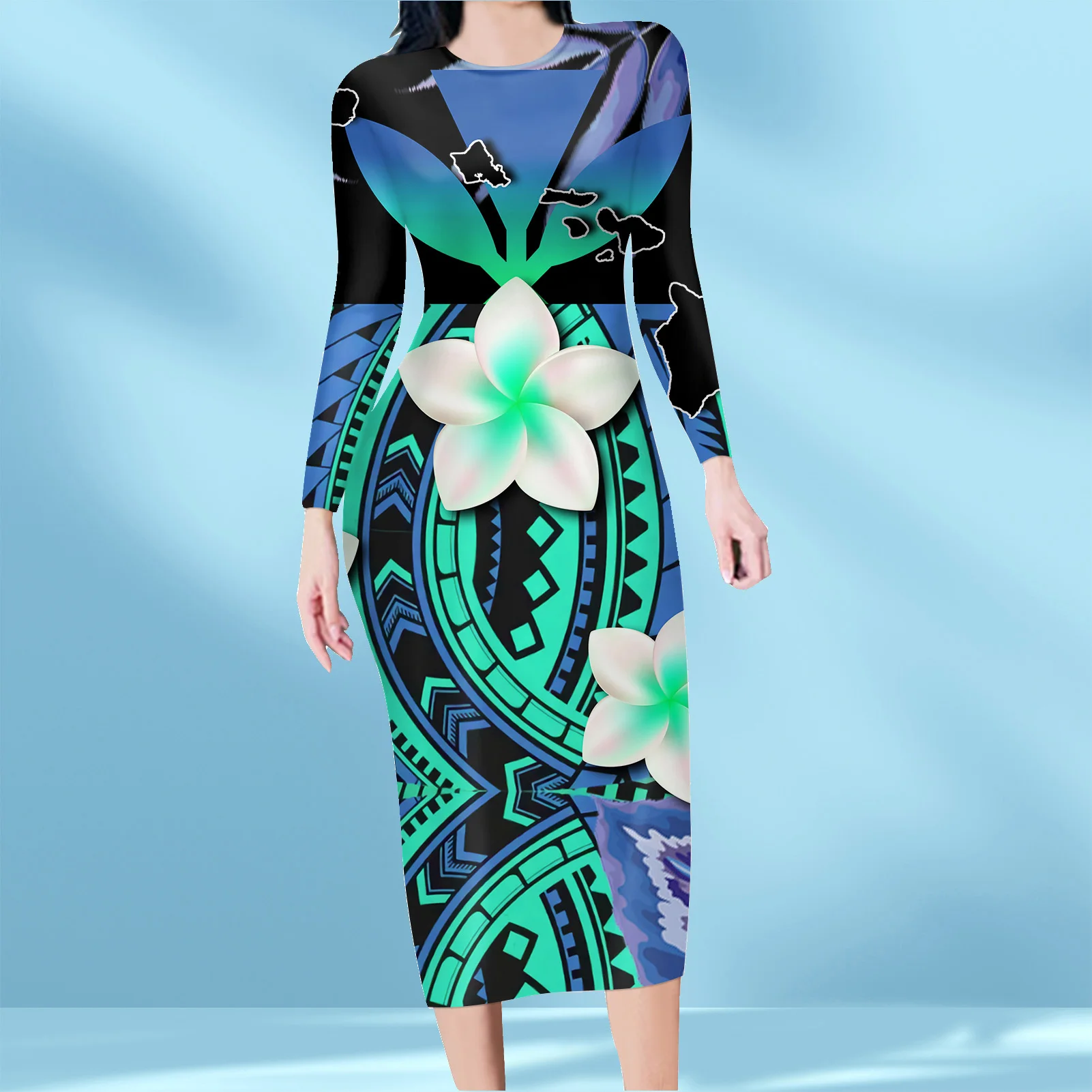 

Long Sleeve Winter Floral Elegant Dresses for Women Party Evening Samoan Tribal Print Green Bodycon Pencil Midi Dress
