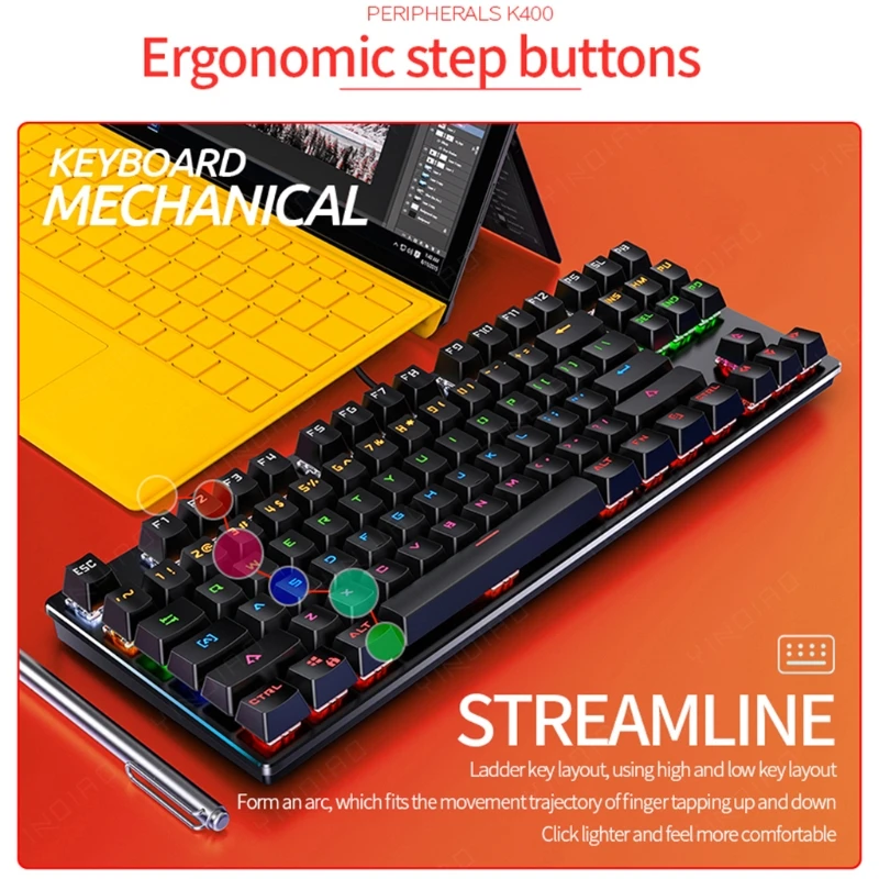 K400 игровая настоящая механическая клавиатура USB Проводная 87 клавиш с RGB