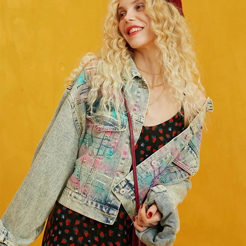 Новинка 2021 модная свободная ковбойская куртка с заклепками и струйным принтом