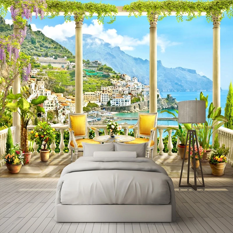 Пользовательские росписи Papel де Parede 3D римская колонна балкон вид на море гостиная