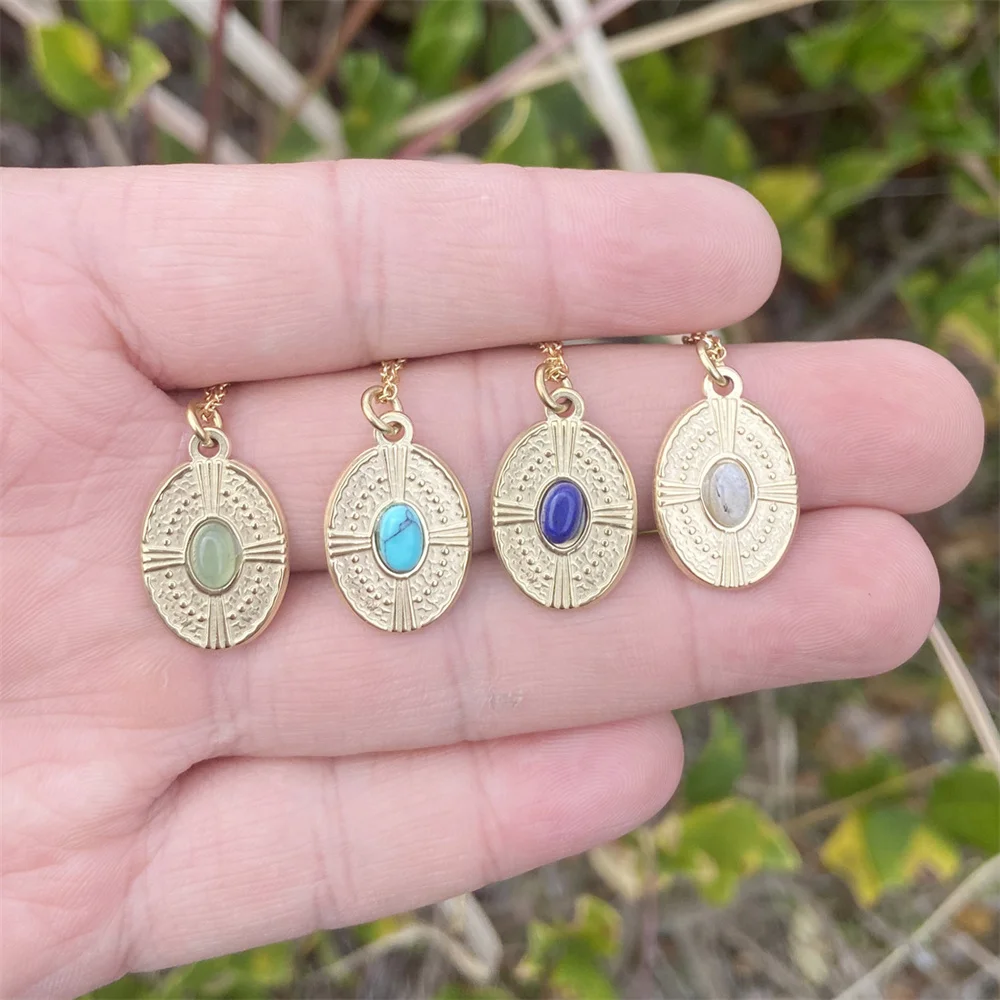 

10 pcs Vintage Gothic Coin Charm Necklace Retro Jewelry Stainless Steel Ellipse White Natural Stone Necklace Women Wholesale