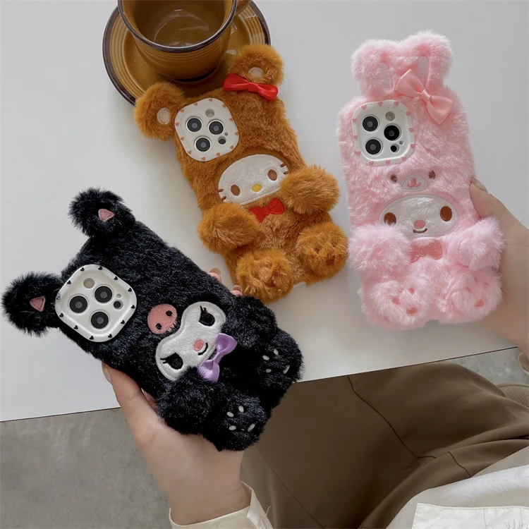 Kawaii Plush Kuromi My Melody Kitty Cinnamoroll Phone Case for Iphone 11 12 13 Mini Pro Max Xs X Xr Soft Shockproof Cases Cover
