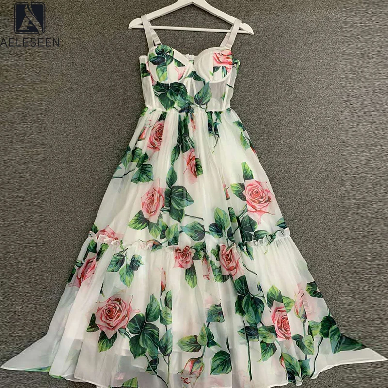 

AELESEEN Runway Fashion Summer Spaghetti Strap Women Dress 2022 High Quality White Rose Flower Print Elegant Long Party Dress