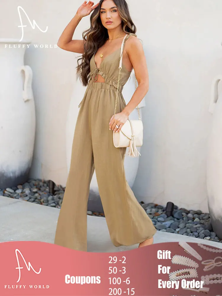 

Элегантные пикантные комбинезоны, Женский праздничный Повседневный однотонный Боди без рукавов с вырезами, Длинные свободные брюки с широ...