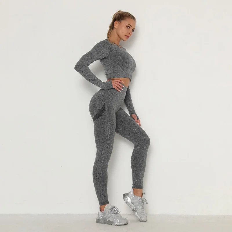 

Pleated seamless yoga clothing suit women's high-waisted slim-fitting sports long-sleeved fitness yoga pants two-piece suit